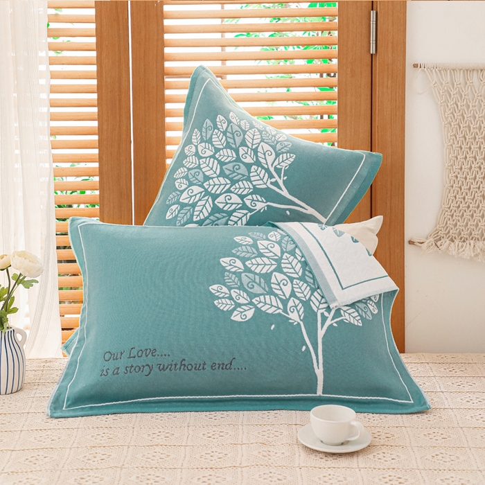 91家纺网 家纺一手货源 找家纺 朴尔家纺-毛巾被 2026新款夹棉加厚三层纱布枕巾 发财树绿