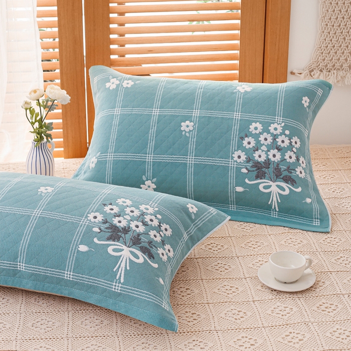 91家纺网 家纺一手货源 找家纺 朴尔家纺-毛巾被 2026新款夹棉加厚三层纱布枕巾 手捧花绿