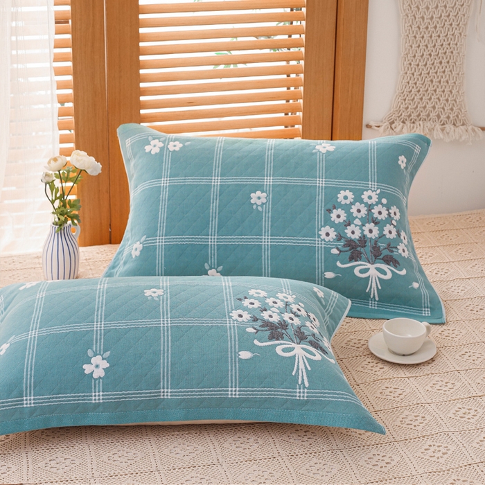 91家纺网 家纺一手货源 找家纺 朴尔家纺-毛巾被 2026新款夹棉加厚三层纱布枕巾 手捧花绿