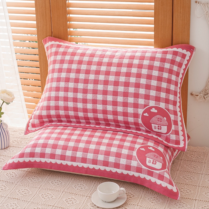 91家纺网 家纺一手货源 找家纺 朴尔家纺-毛巾被 2026新款夹棉加厚三层纱布枕巾 小房子红