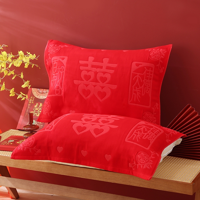 朴尔家纺-毛巾被 2026新款全棉六层纱布大红色婚庆加厚透气枕巾 恩爱百年