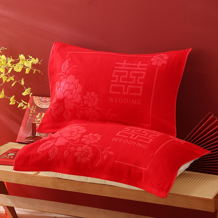 朴尔家纺-毛巾被 2026新款全棉六层纱布大红色婚庆加厚透气枕巾 花开并蒂