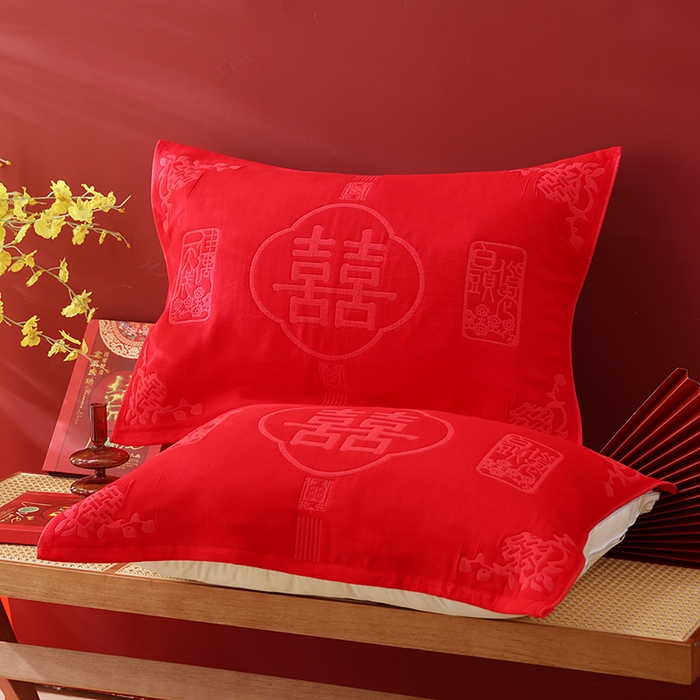 朴尔家纺-毛巾被 2026新款全棉六层纱布大红色婚庆加厚透气枕巾 良辰吉日