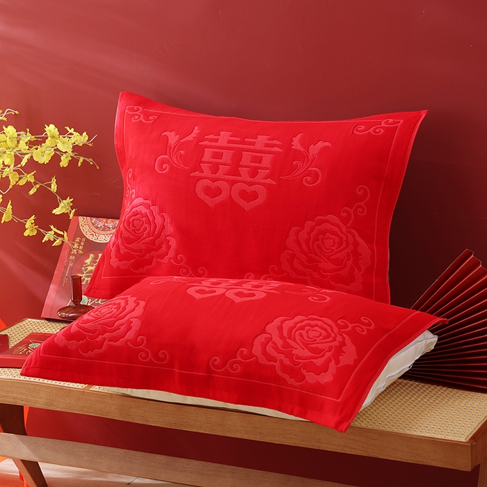 朴尔家纺-毛巾被 2026新款全棉六层纱布大红色婚庆加厚透气枕巾 玫瑰成约