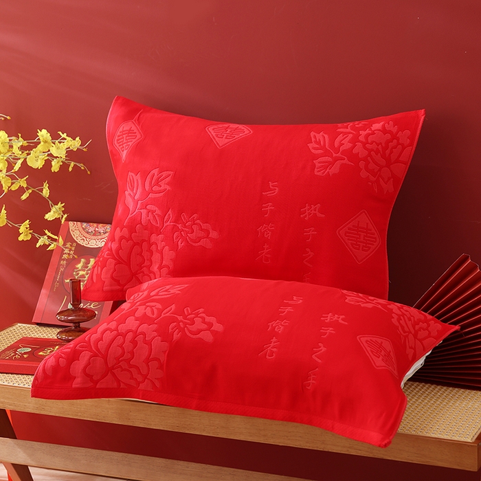 朴尔家纺-毛巾被 2026新款全棉六层纱布大红色婚庆加厚透气枕巾 心心相印