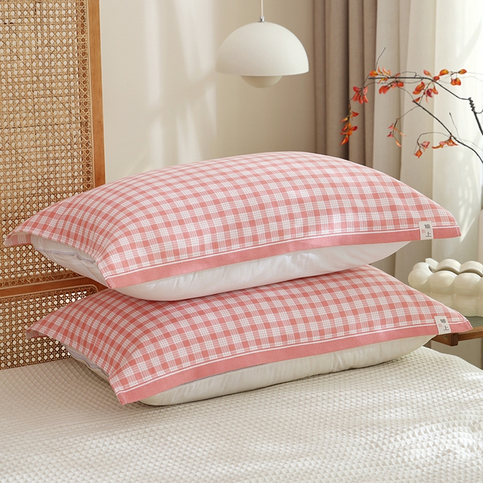 91家纺网 家纺一手货源 找家纺 朴尔家纺-毛巾被 2026新款全棉无印风纱布毛圈加厚色织提花枕巾 毛圈双面枕巾-粉中格