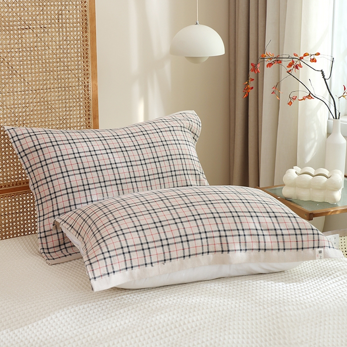 朴尔家纺-毛巾被 2026新款全棉无印风纱布毛圈加厚色织提花枕巾 毛圈双面枕巾-红格咖