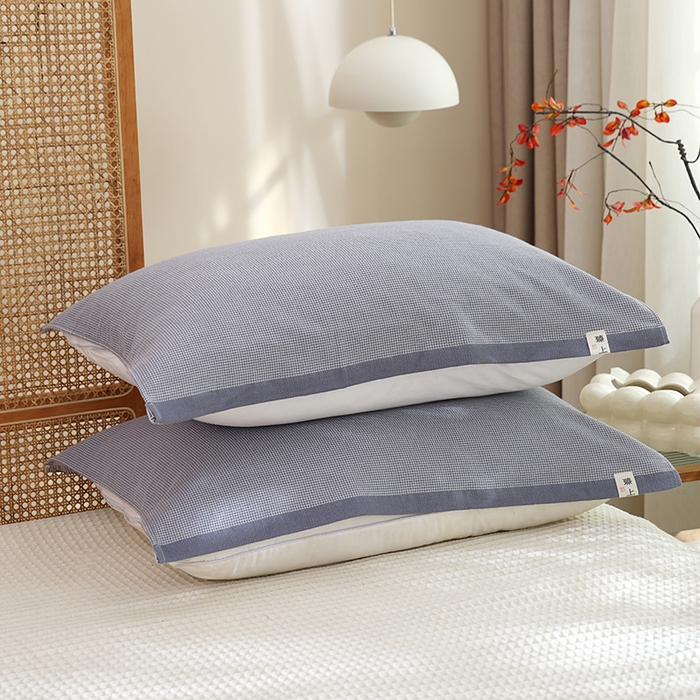 91家纺网 家纺一手货源 找家纺 朴尔家纺-毛巾被 2026新款全棉无印风纱布毛圈加厚色织提花枕巾 毛圈双面枕巾-灰小格