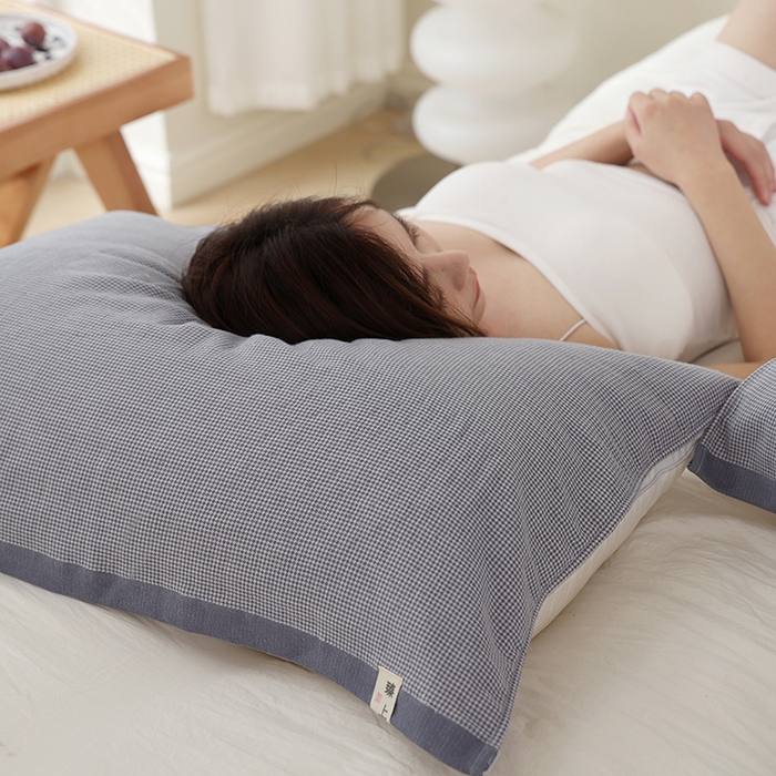 91家纺网 家纺一手货源 找家纺 朴尔家纺-毛巾被 2026新款全棉无印风纱布毛圈加厚色织提花枕巾 毛圈双面枕巾-灰小格