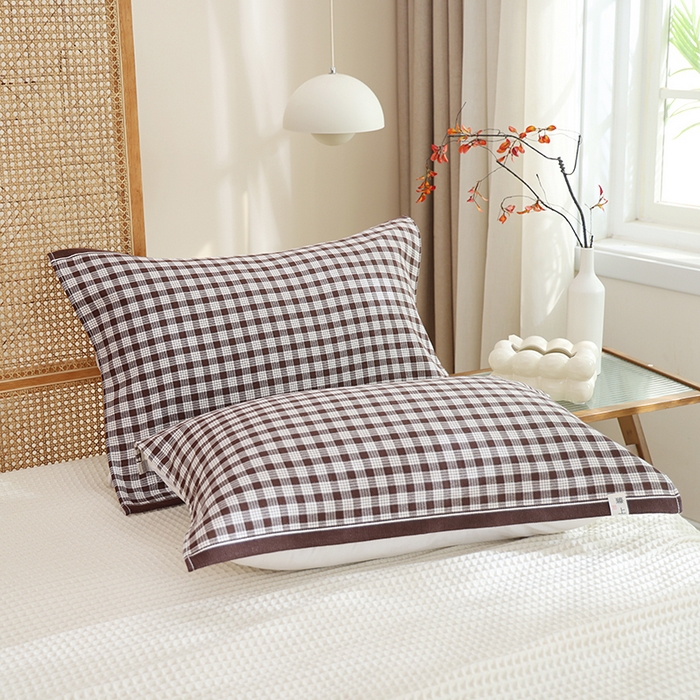 朴尔家纺-毛巾被 2026新款全棉无印风纱布毛圈加厚色织提花枕巾 毛圈双面枕巾-咖中格