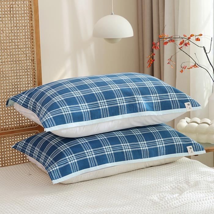 91家纺网 家纺一手货源 找家纺 朴尔家纺-毛巾被 2026新款全棉无印风纱布毛圈加厚色织提花枕巾 毛圈双面枕巾-蓝大格