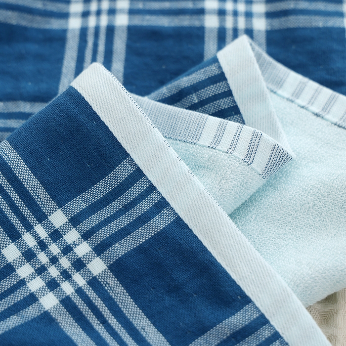 91家纺网 家纺一手货源 找家纺 朴尔家纺-毛巾被 2026新款全棉无印风纱布毛圈加厚色织提花枕巾 毛圈双面枕巾-蓝大格