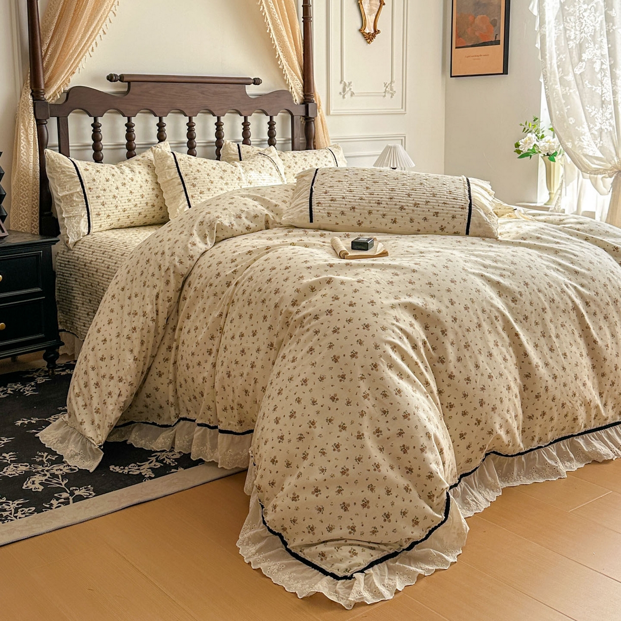 91家纺网 家纺一手货源 找家纺 美梦家纺 2026春夏新款全棉花边全棉床盖四件套系列 芊芊花海