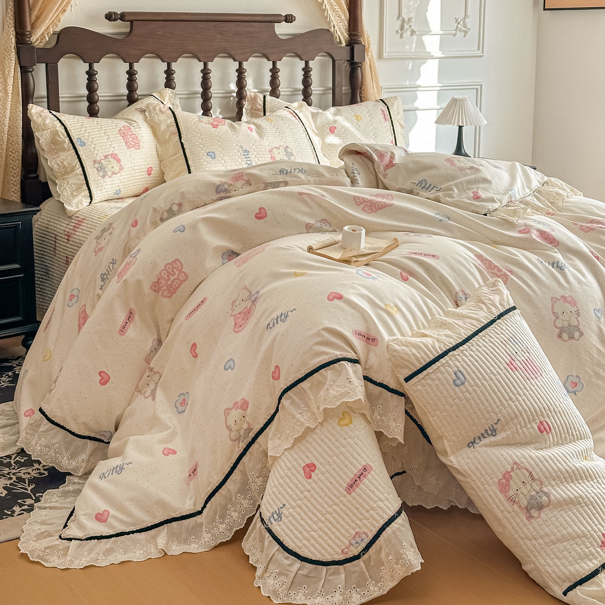 美梦家纺 2026春夏新款全棉花边全棉床盖四件套系列 凯蒂乐园