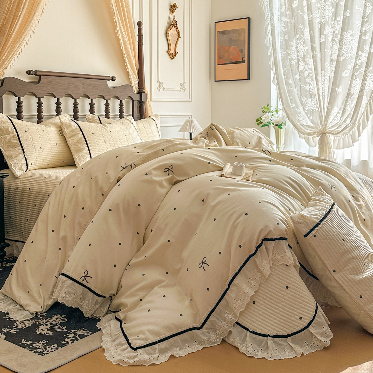 91家纺网 家纺一手货源 找家纺 美梦家纺 2026春夏新款全棉花边全棉床盖四件套系列 波点蝴蝶结·咖