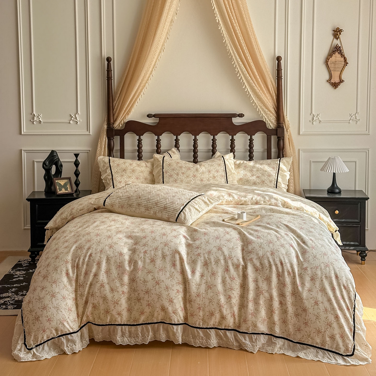 91家纺网 家纺一手货源 找家纺 美梦家纺 2026春夏新款全棉花边全棉床盖四件套系列 花悦