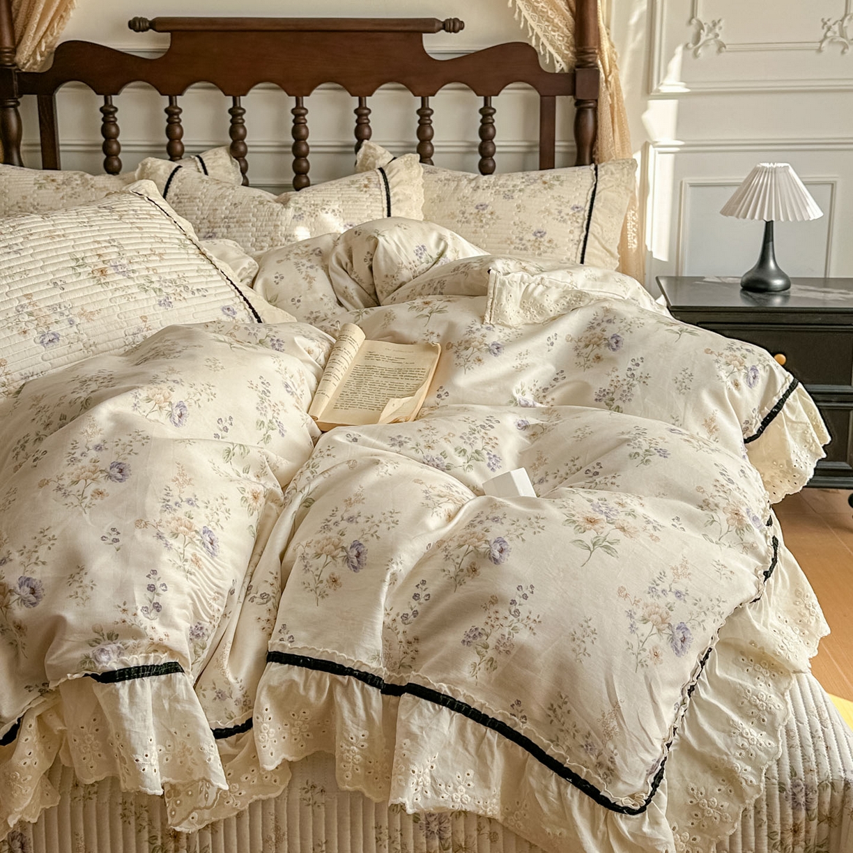 91家纺网 家纺一手货源 找家纺 美梦家纺 2026春夏新款全棉花边全棉床盖四件套系列 香叶之恋