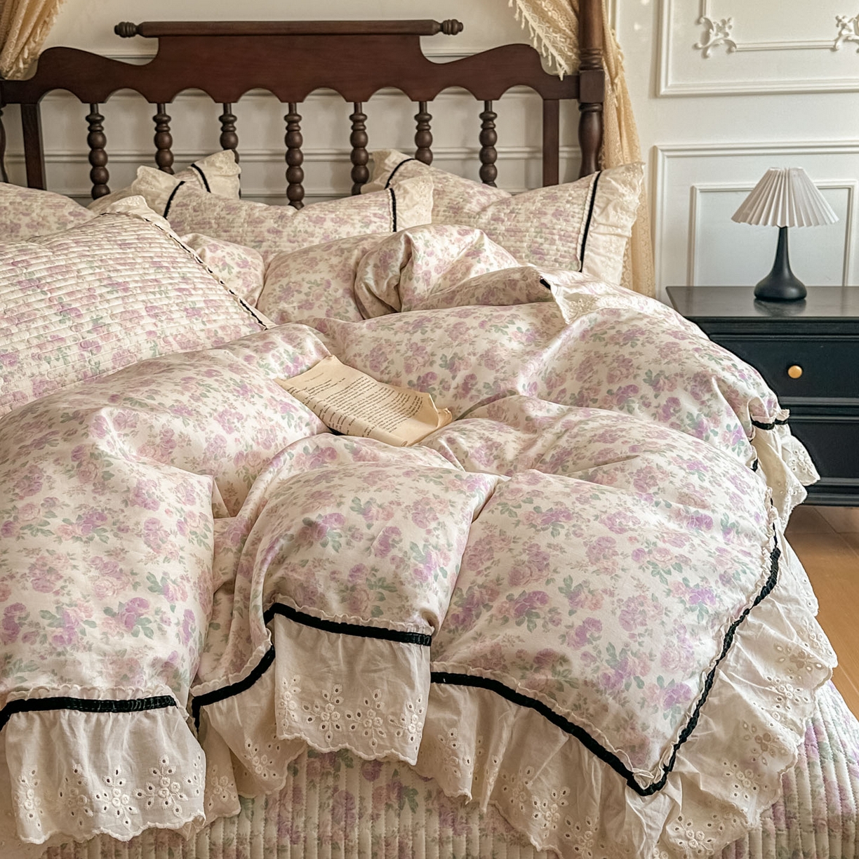 91家纺网 家纺一手货源 找家纺 美梦家纺 2026春夏新款全棉花边全棉床盖四件套系列 春暖花开