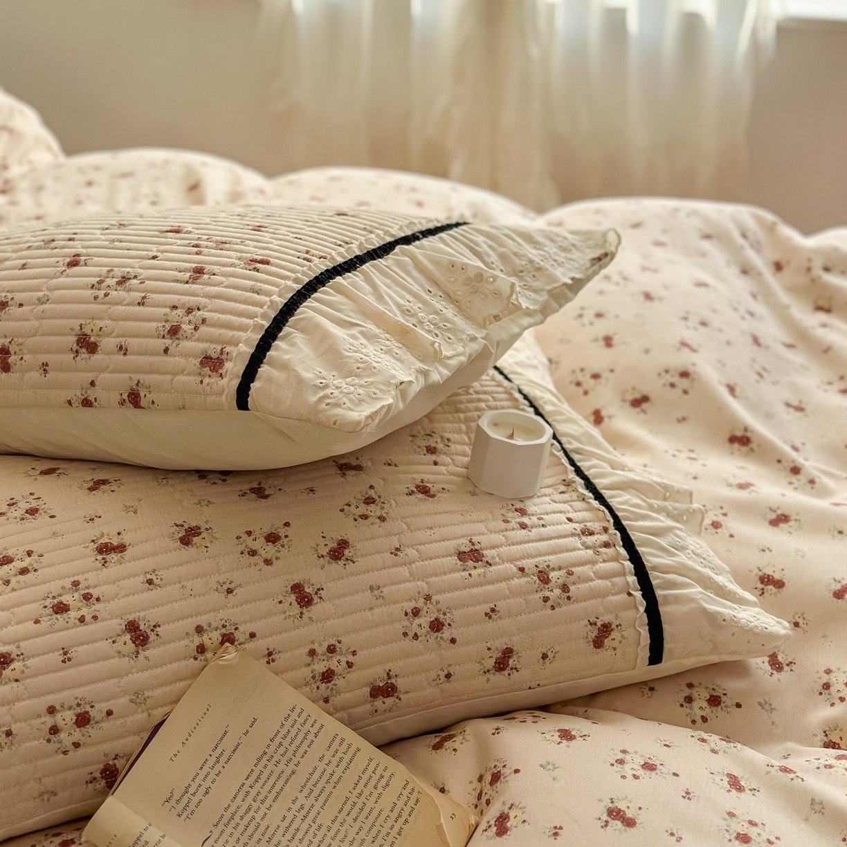 91家纺网 家纺一手货源 找家纺 美梦家纺 2026春夏新款全棉花边全棉床盖四件套系列 微微安·粉