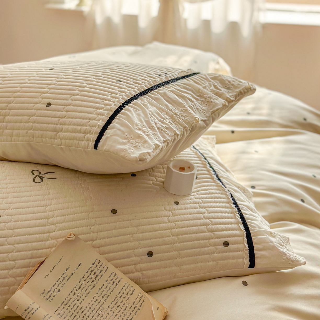 91家纺网 家纺一手货源 找家纺 美梦家纺 2026春夏新款全棉花边全棉床盖四件套系列 波点蝴蝶结·咖