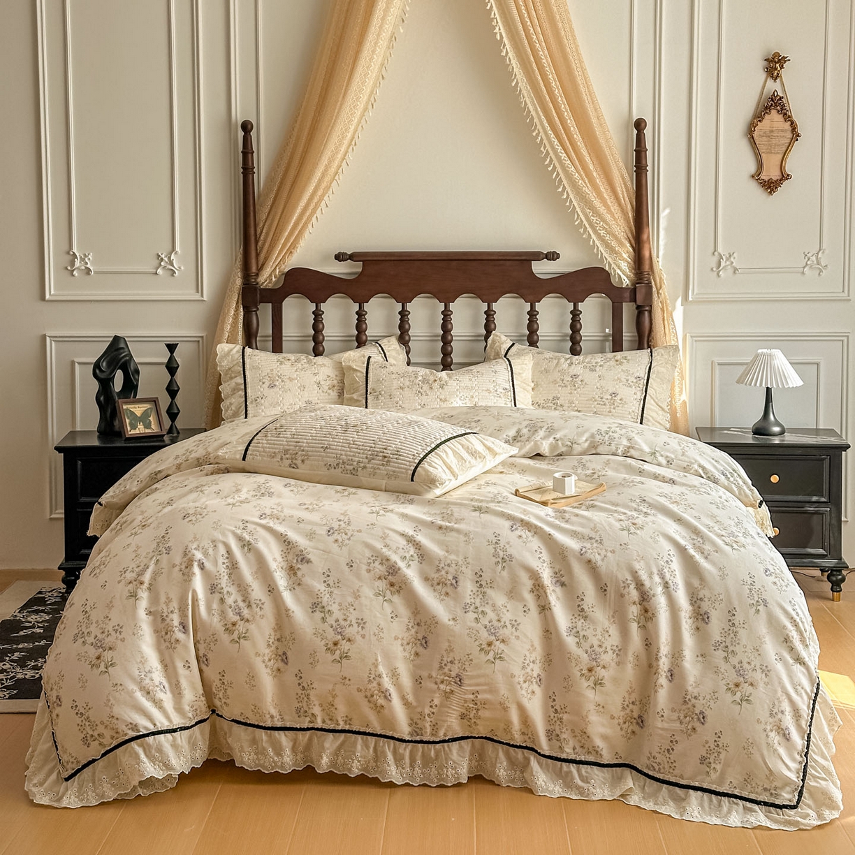 91家纺网 家纺一手货源 找家纺 美梦家纺 2026春夏新款全棉花边全棉床盖四件套系列 香叶之恋