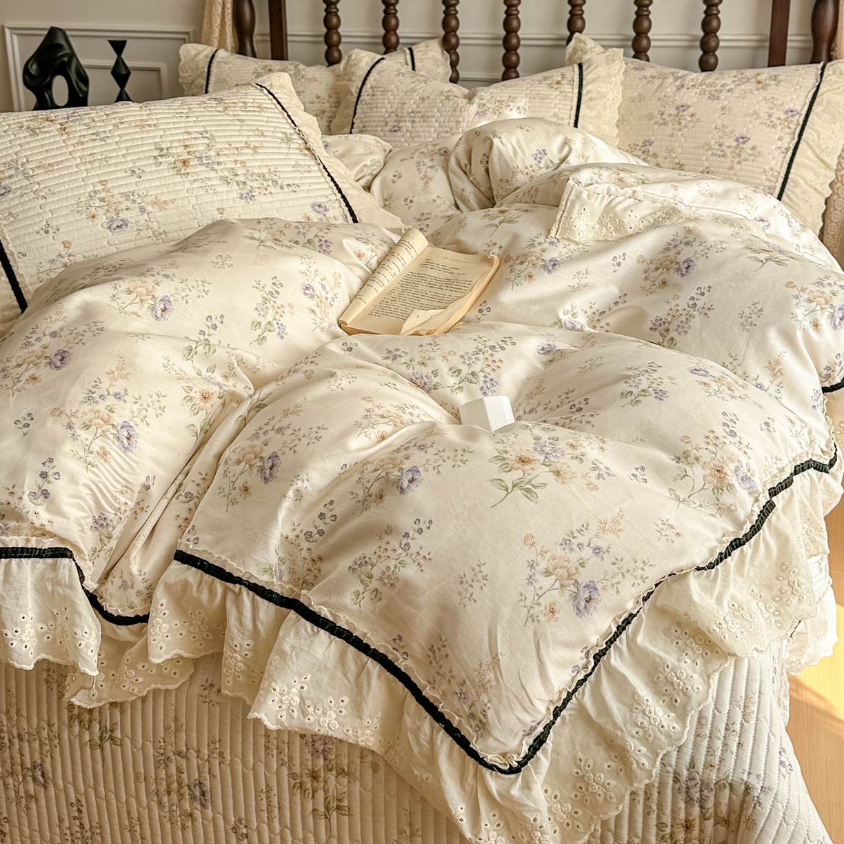 91家纺网 家纺一手货源 找家纺 美梦家纺 2026春夏新款全棉花边全棉床盖四件套系列 香叶之恋