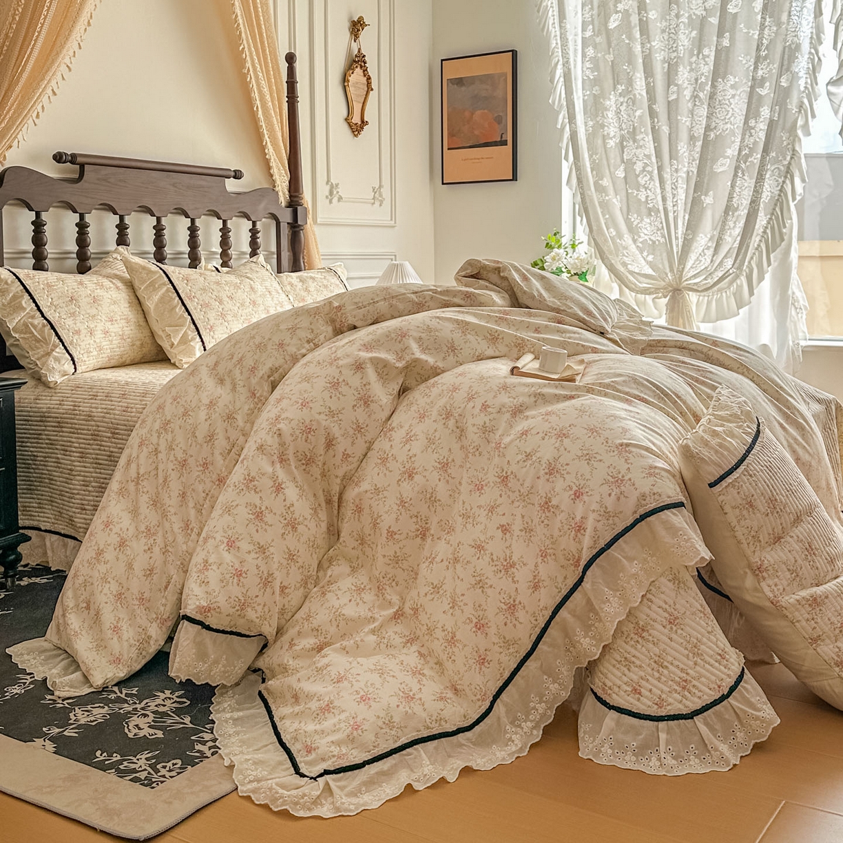 91家纺网 家纺一手货源 找家纺 美梦家纺 2026春夏新款全棉花边全棉床盖四件套系列 花悦