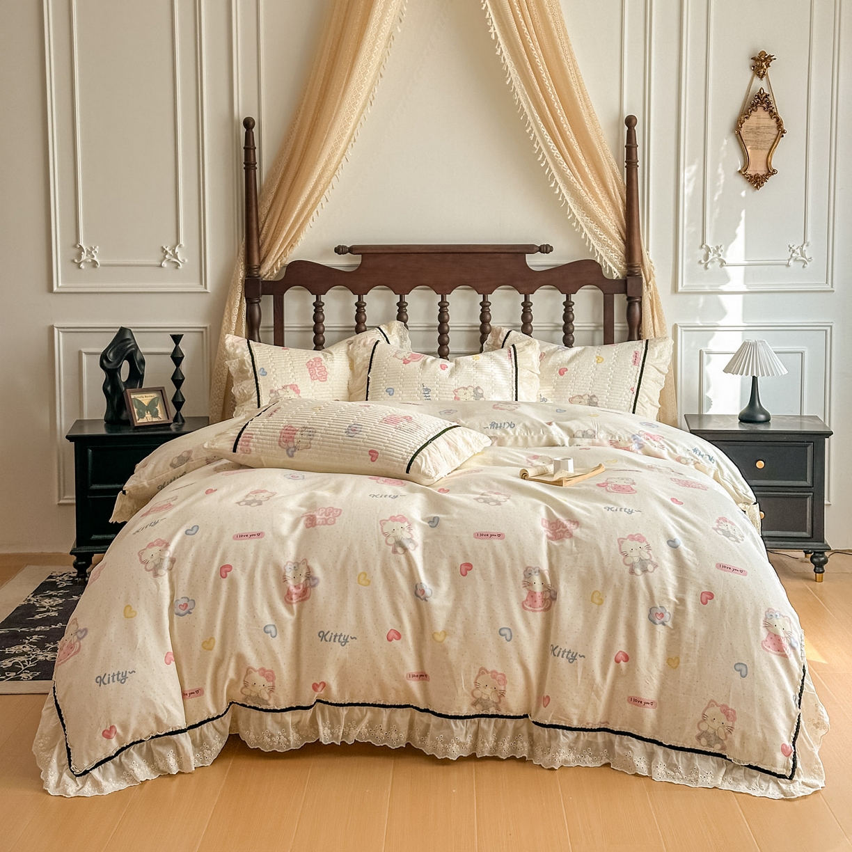 91家纺网 家纺一手货源 找家纺 美梦家纺 2026春夏新款全棉花边全棉床盖四件套系列 凯蒂乐园