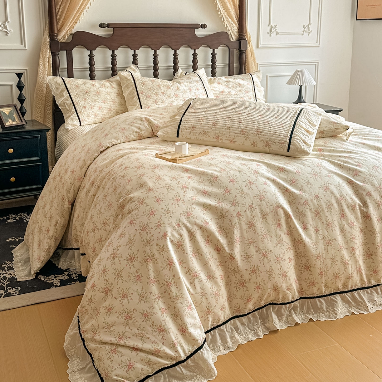 91家纺网 家纺一手货源 找家纺 美梦家纺 2026春夏新款全棉花边全棉床盖四件套系列 花悦