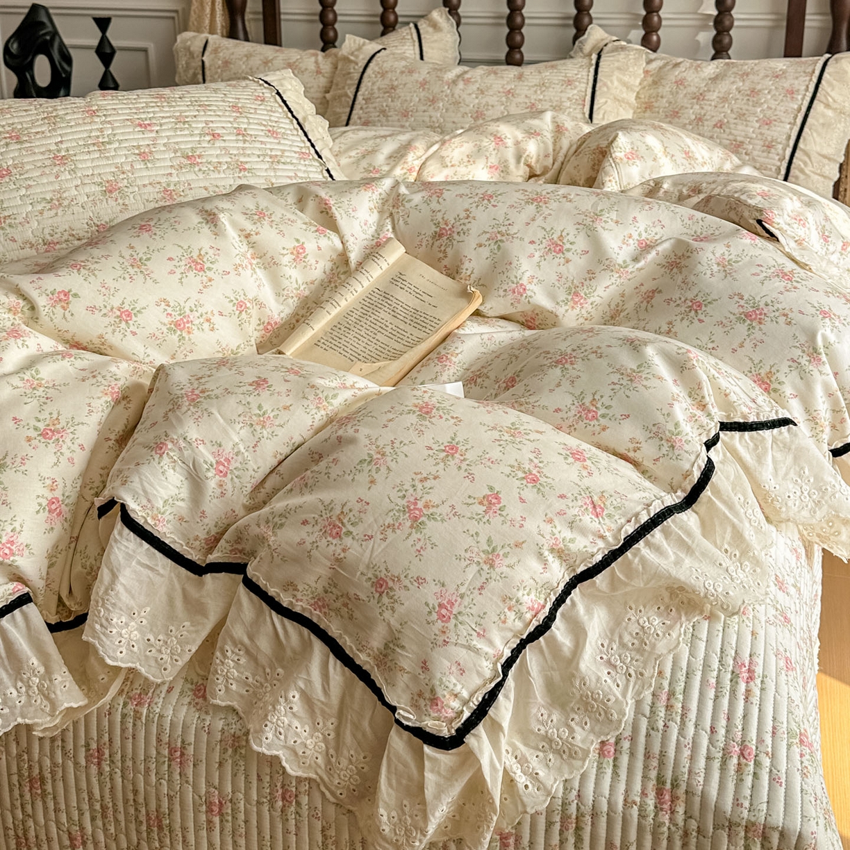 91家纺网 家纺一手货源 找家纺 美梦家纺 2026春夏新款全棉花边全棉床盖四件套系列 花悦