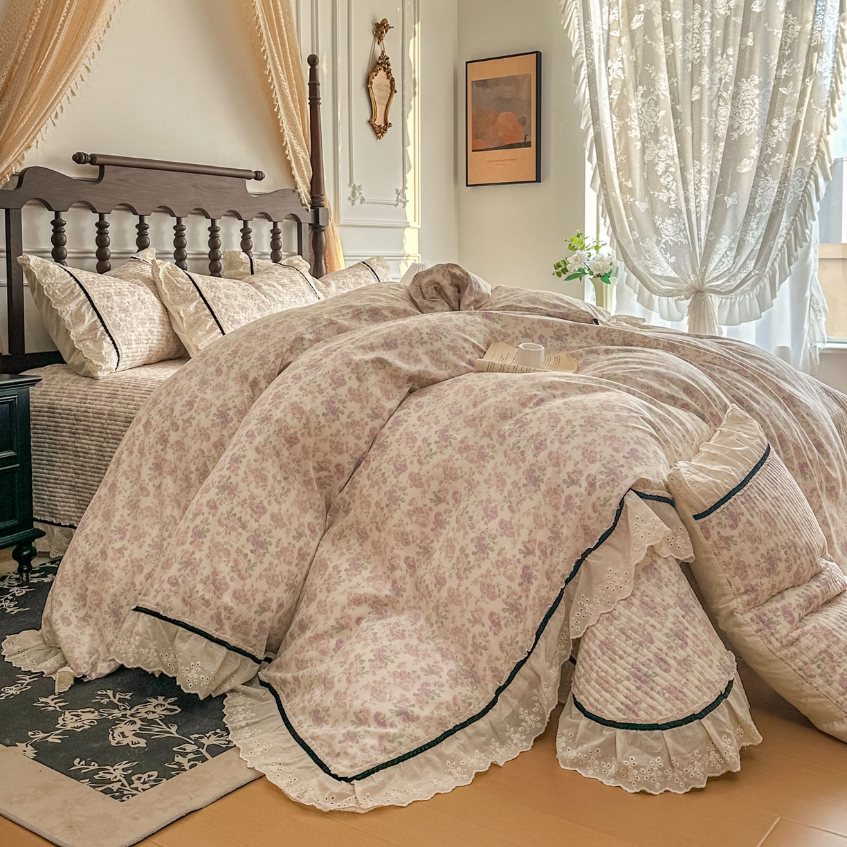 91家纺网 家纺一手货源 找家纺 美梦家纺 2026春夏新款全棉花边全棉床盖四件套系列 春暖花开