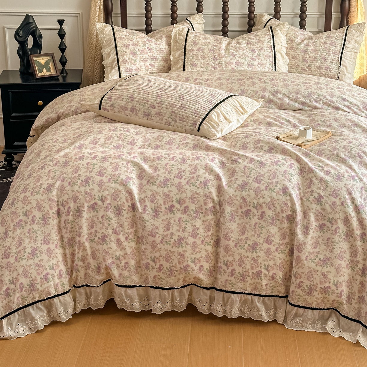 91家纺网 家纺一手货源 找家纺 美梦家纺 2026春夏新款全棉花边全棉床盖四件套系列 春暖花开