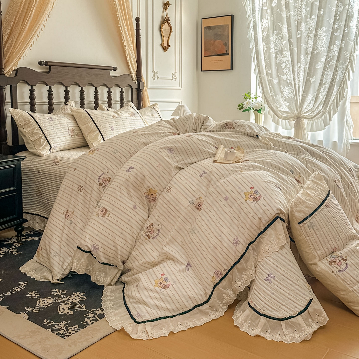 91家纺网 家纺一手货源 找家纺 美梦家纺 2026春夏新款全棉花边全棉床盖四件套系列 小精灵