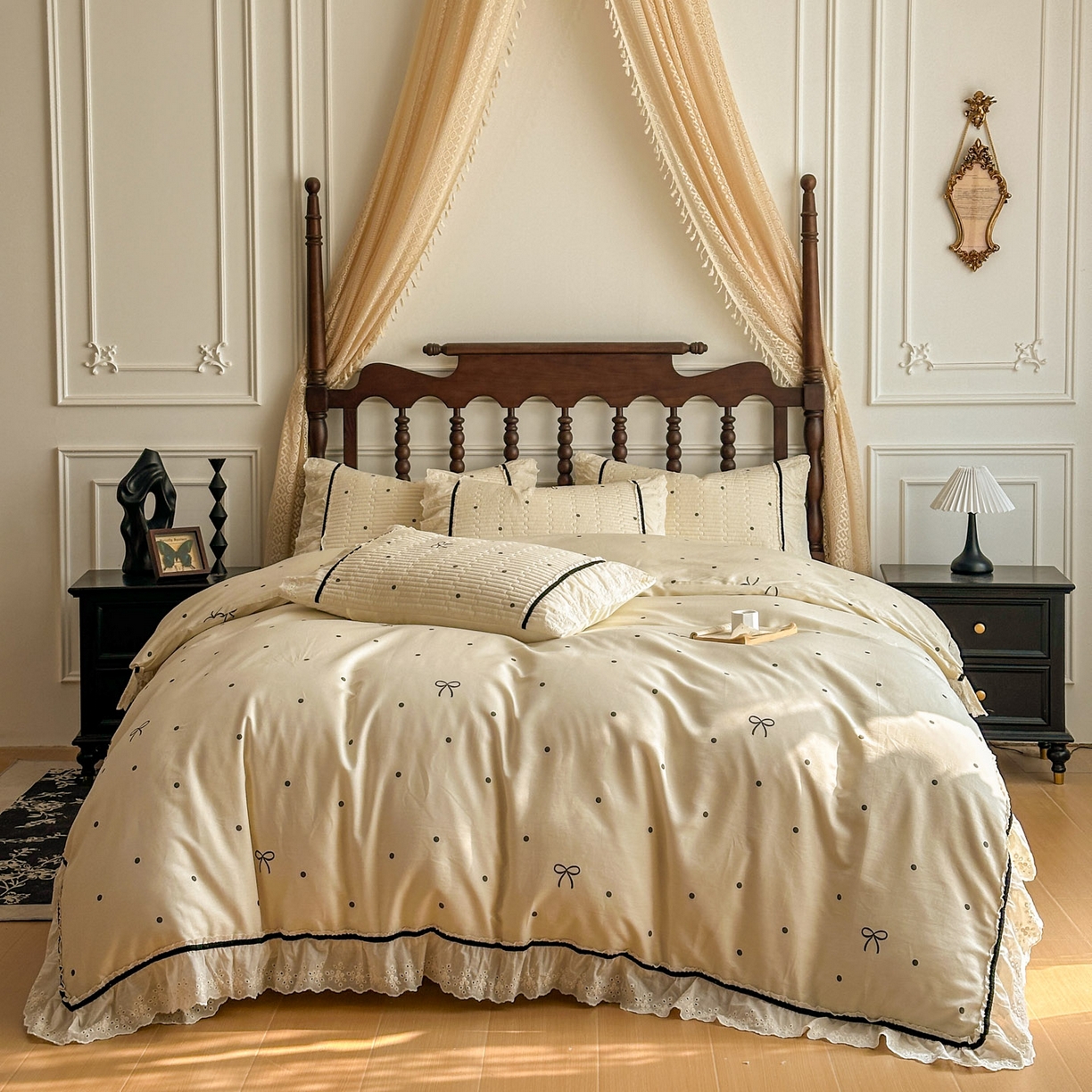 91家纺网 家纺一手货源 找家纺 美梦家纺 2026春夏新款全棉花边全棉床盖四件套系列 波点蝴蝶结·咖