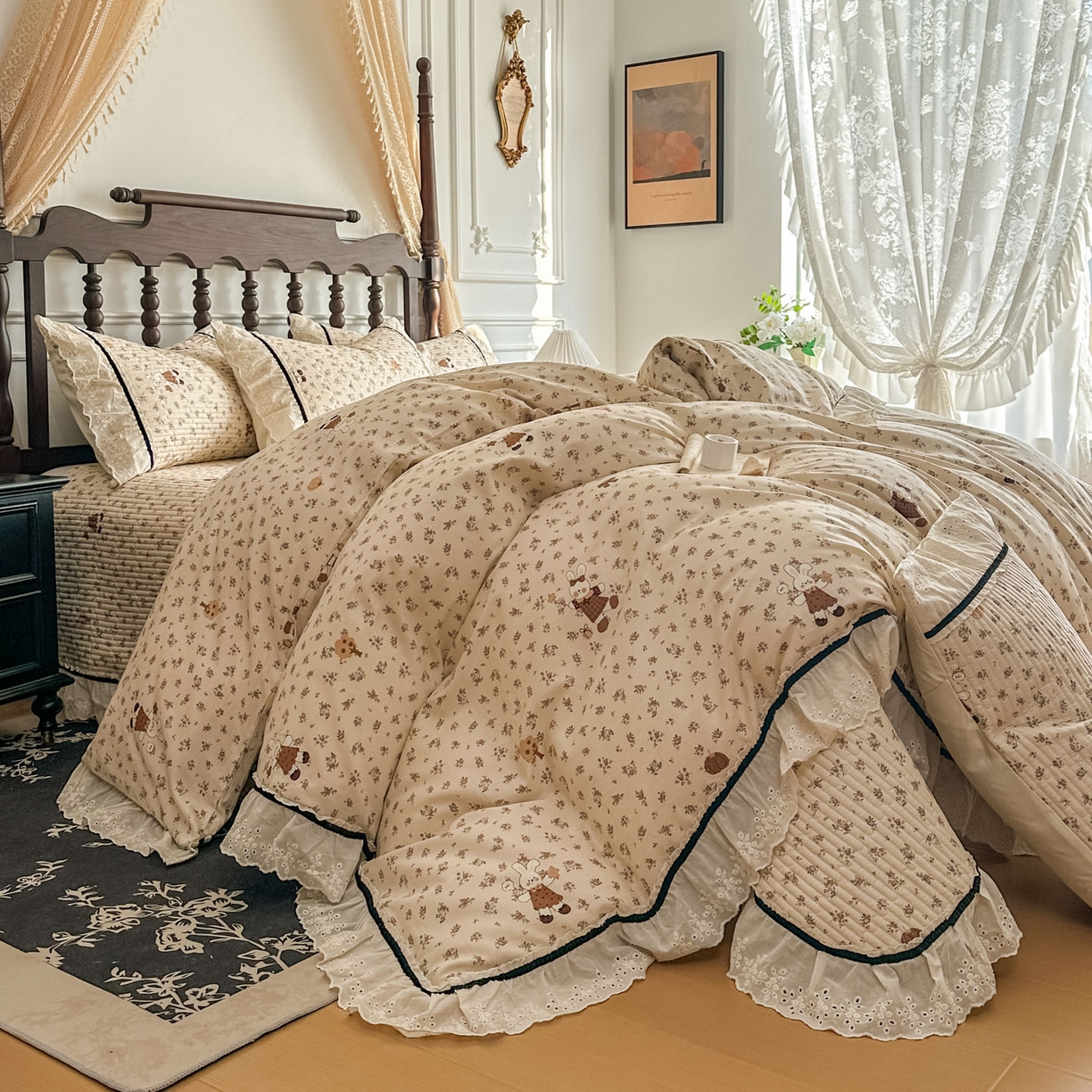 91家纺网 家纺一手货源 找家纺 美梦家纺 2026春夏新款全棉花边全棉床盖四件套系列 南瓜甜心