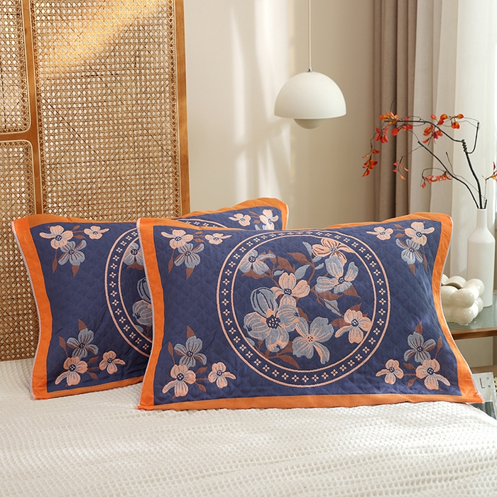 朴尔家纺-毛巾被 2026新款全棉色织提花宽边定位四层纱布枕巾 春意浓-藏青