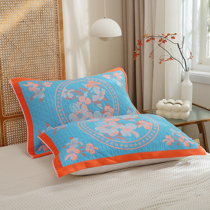 91家纺网 家纺一手货源 找家纺 朴尔家纺-毛巾被 2026新款全棉色织提花宽边定位四层纱布枕巾 春意浓-蓝