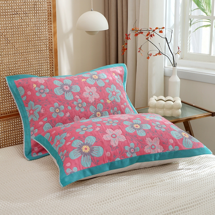 91家纺网 家纺一手货源 找家纺 朴尔家纺-毛巾被 2026新款全棉色织提花宽边定位四层纱布枕巾 梅花朵朵-粉