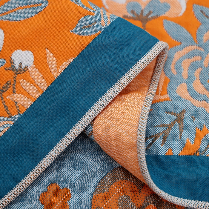 91家纺网 家纺一手货源 找家纺 朴尔家纺-毛巾被 2026新款全棉色织提花宽边定位四层纱布枕巾 一路繁花-黄