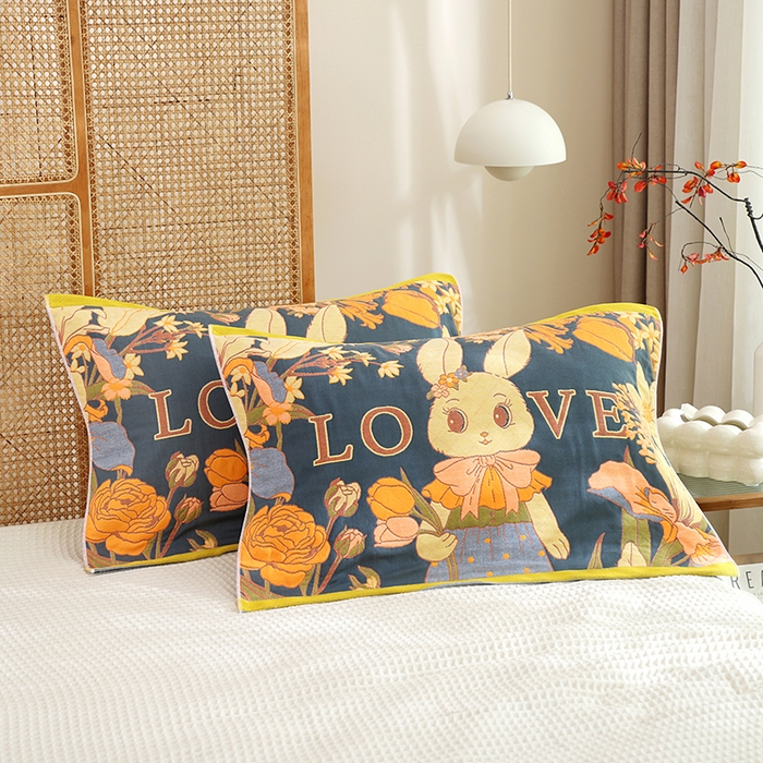 朴尔家纺-毛巾被 2026新款色织定位提花纯棉四层纱布枕巾 爱情来临-藏青