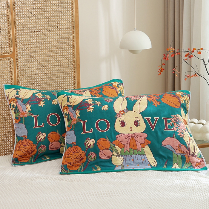 91家纺网 家纺一手货源 找家纺 朴尔家纺-毛巾被 2026新款色织定位提花纯棉四层纱布枕巾 爱情来临-绿