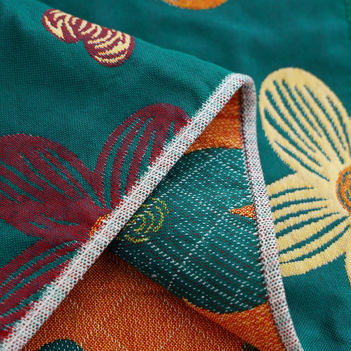 91家纺网 家纺一手货源 找家纺 朴尔家纺-毛巾被 2026新款色织定位提花纯棉四层纱布枕巾 花开忘忧-绿