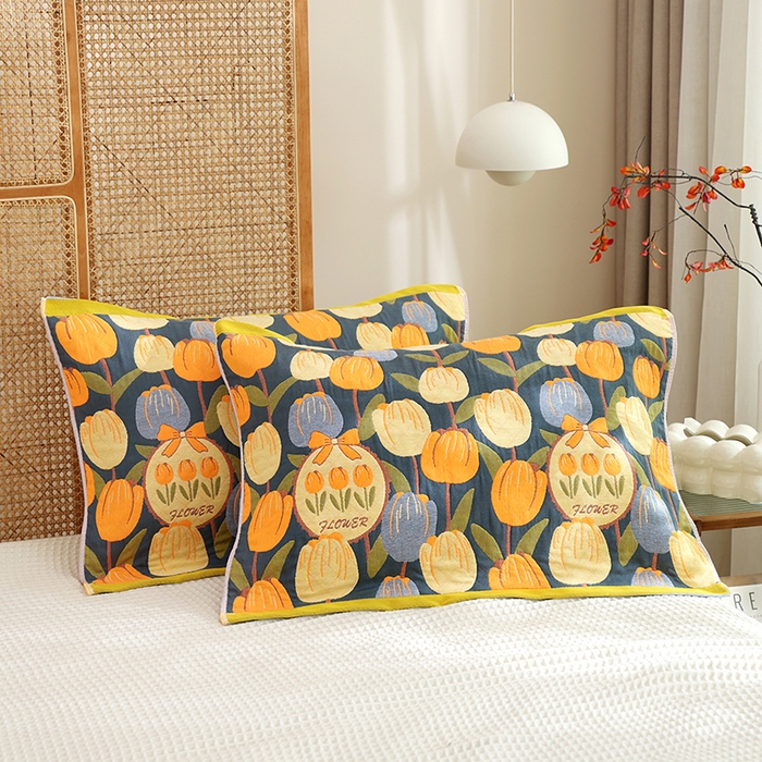 朴尔家纺-毛巾被 2026新款色织定位提花纯棉四层纱布枕巾 浪漫郁金香-藏青