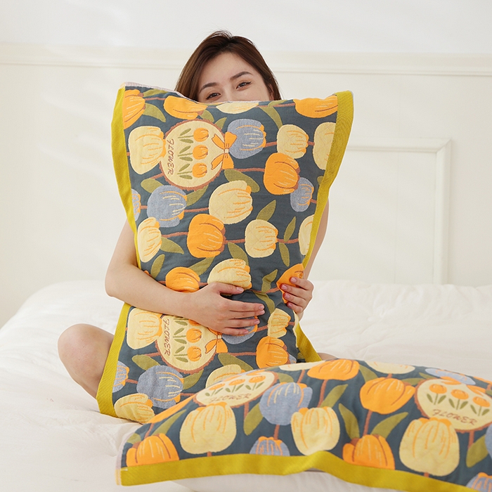 91家纺网 家纺一手货源 找家纺 朴尔家纺-毛巾被 2026新款色织定位提花纯棉四层纱布枕巾 浪漫郁金香-藏青