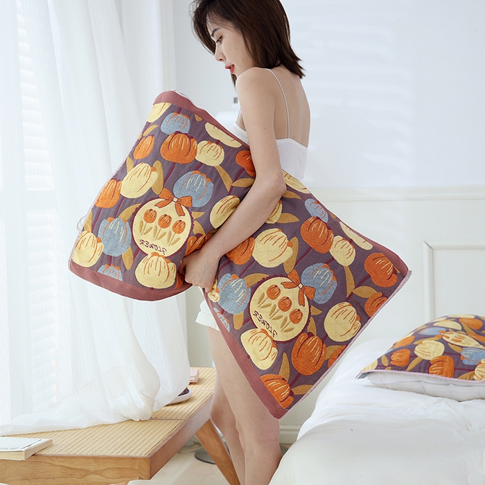 91家纺网 家纺一手货源 找家纺 朴尔家纺-毛巾被 2026新款色织定位提花纯棉四层纱布枕巾 浪漫郁金香-咖