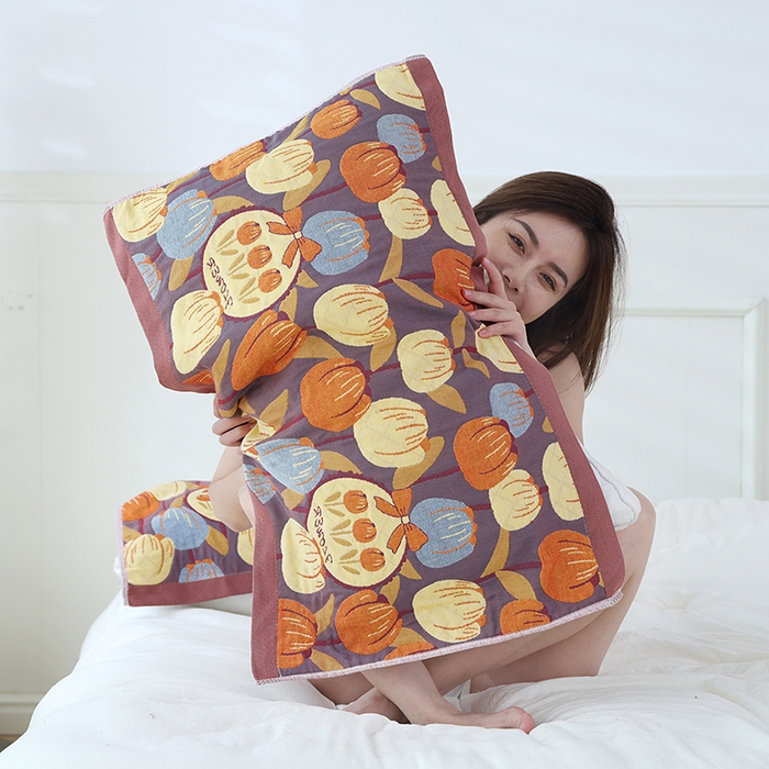 91家纺网 家纺一手货源 找家纺 朴尔家纺-毛巾被 2026新款色织定位提花纯棉四层纱布枕巾 浪漫郁金香-咖