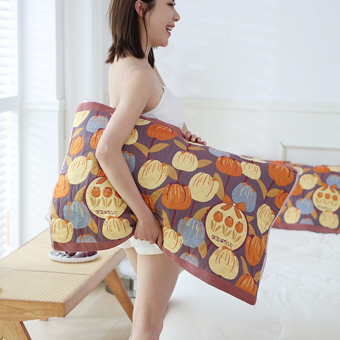 91家纺网 家纺一手货源 找家纺 朴尔家纺-毛巾被 2026新款色织定位提花纯棉四层纱布枕巾 浪漫郁金香-咖