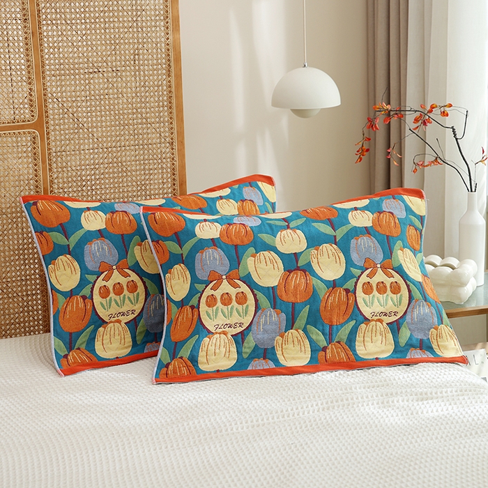 朴尔家纺-毛巾被 2026新款色织定位提花纯棉四层纱布枕巾 浪漫郁金香-蓝