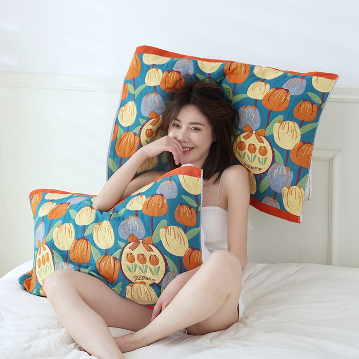 91家纺网 家纺一手货源 找家纺 朴尔家纺-毛巾被 2026新款色织定位提花纯棉四层纱布枕巾 浪漫郁金香-蓝