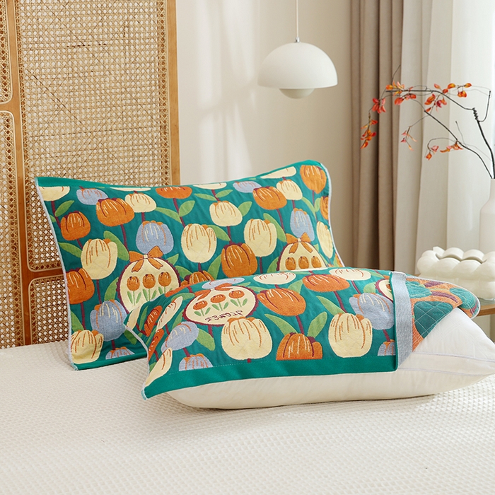 91家纺网 家纺一手货源 找家纺 朴尔家纺-毛巾被 2026新款色织定位提花纯棉四层纱布枕巾 浪漫郁金香-绿